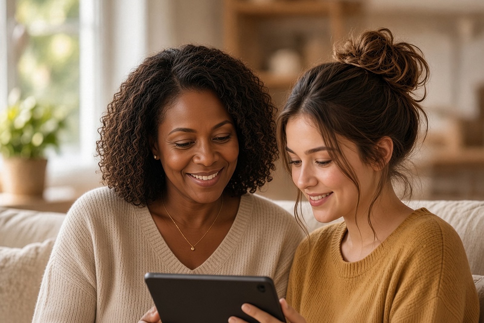 A Black woman caregiver helping the person she supports with a tablet at home
